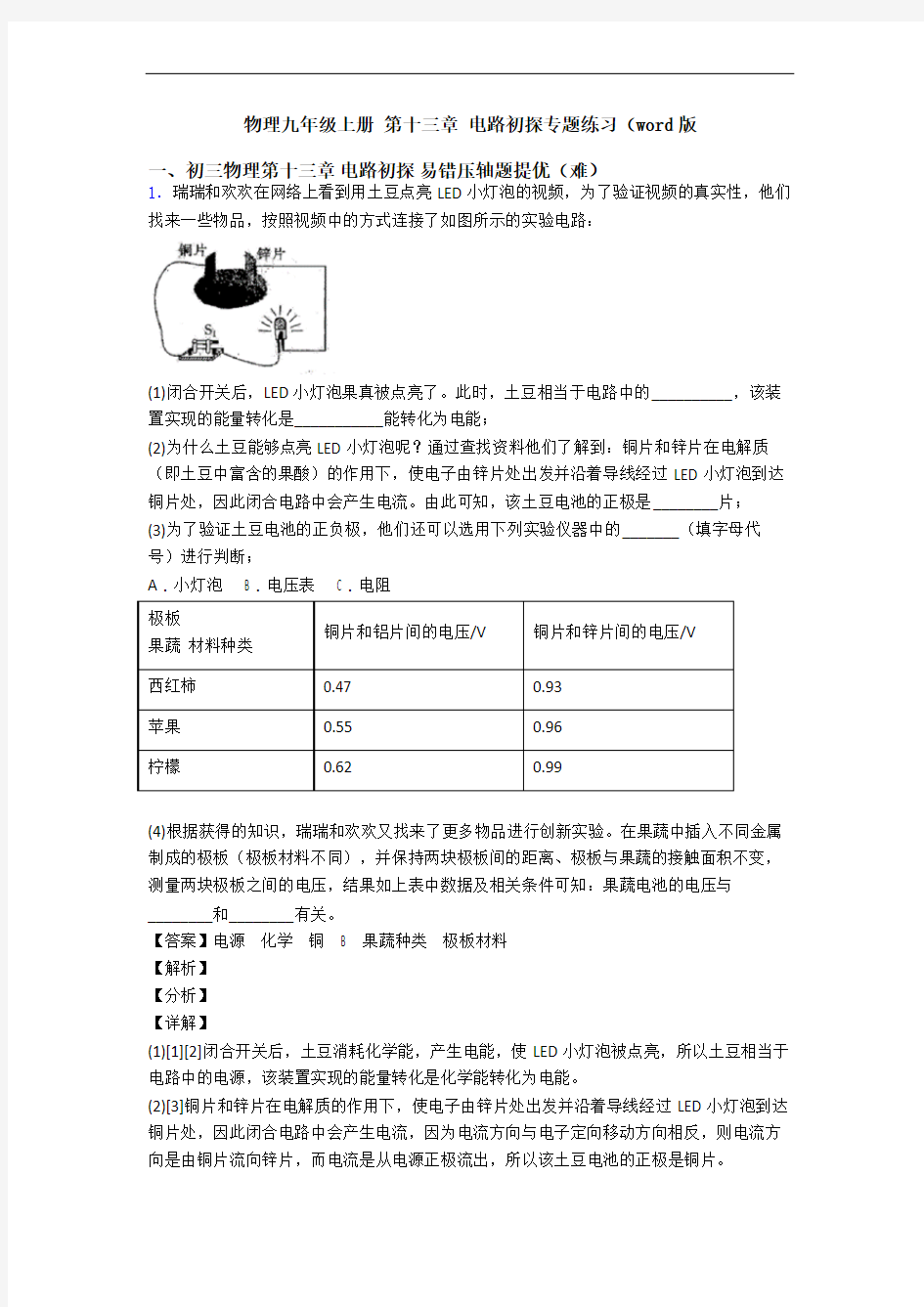 物理九年级上册 第十三章 电路初探专题练习(word版