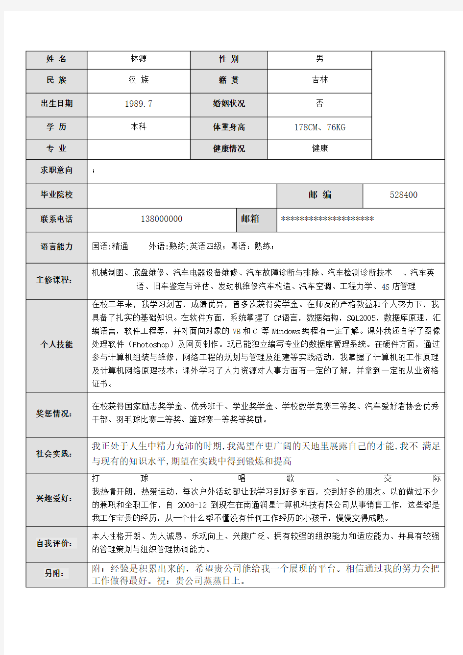 Word个人简历表格模板