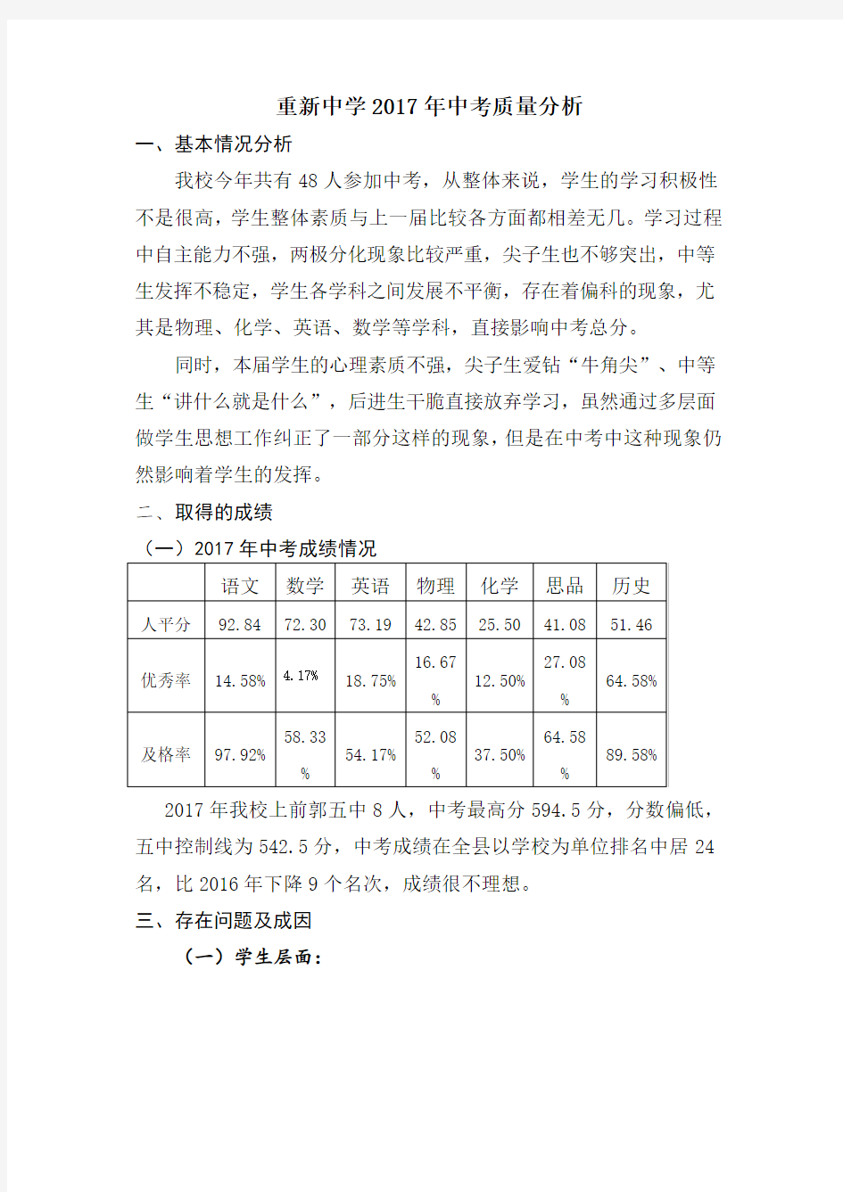 重新中学中考质量分析报告