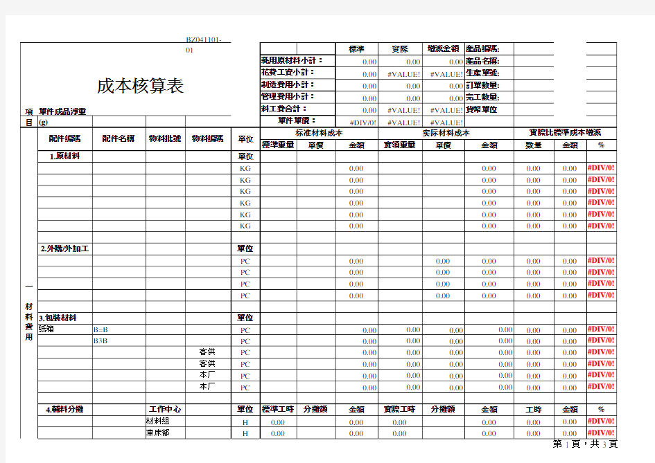 成本核算表格