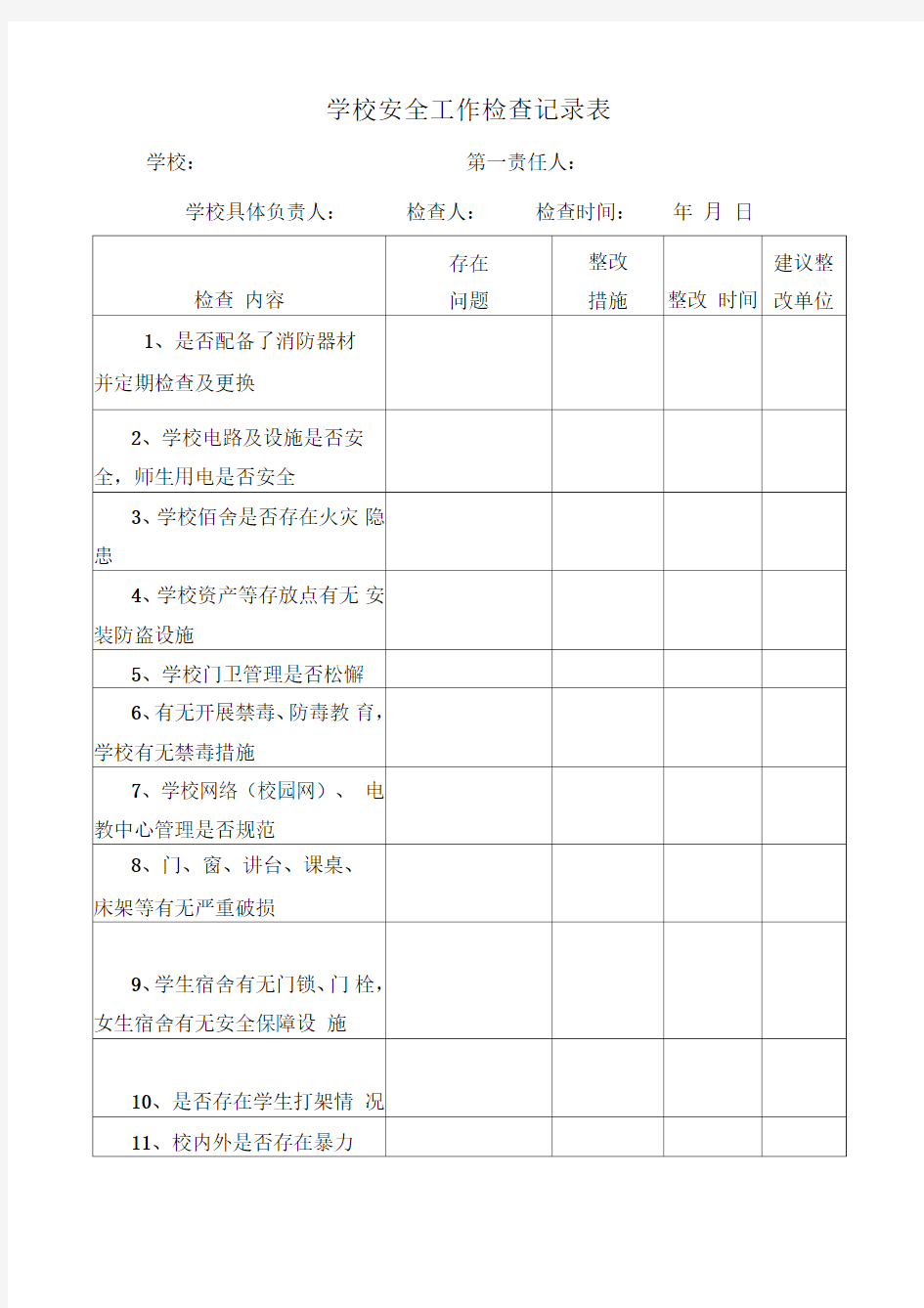 学校安全工作检查记录表