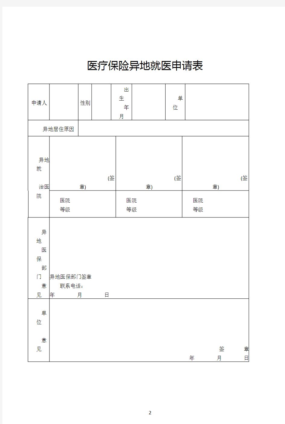 医疗保险异地就医申请表