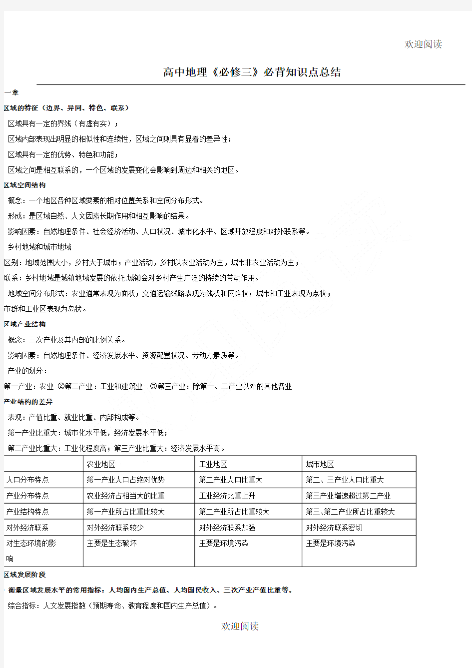 湘教版新高中地理必修三必背知识点