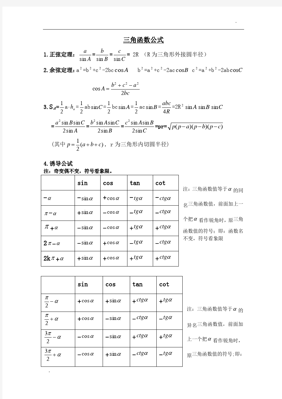 高中数学三角函数公式大全全解