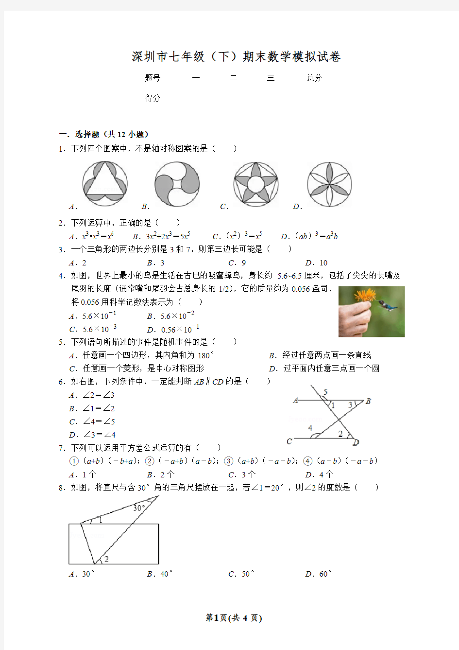 深圳市七年级(下)期末数学模拟试卷