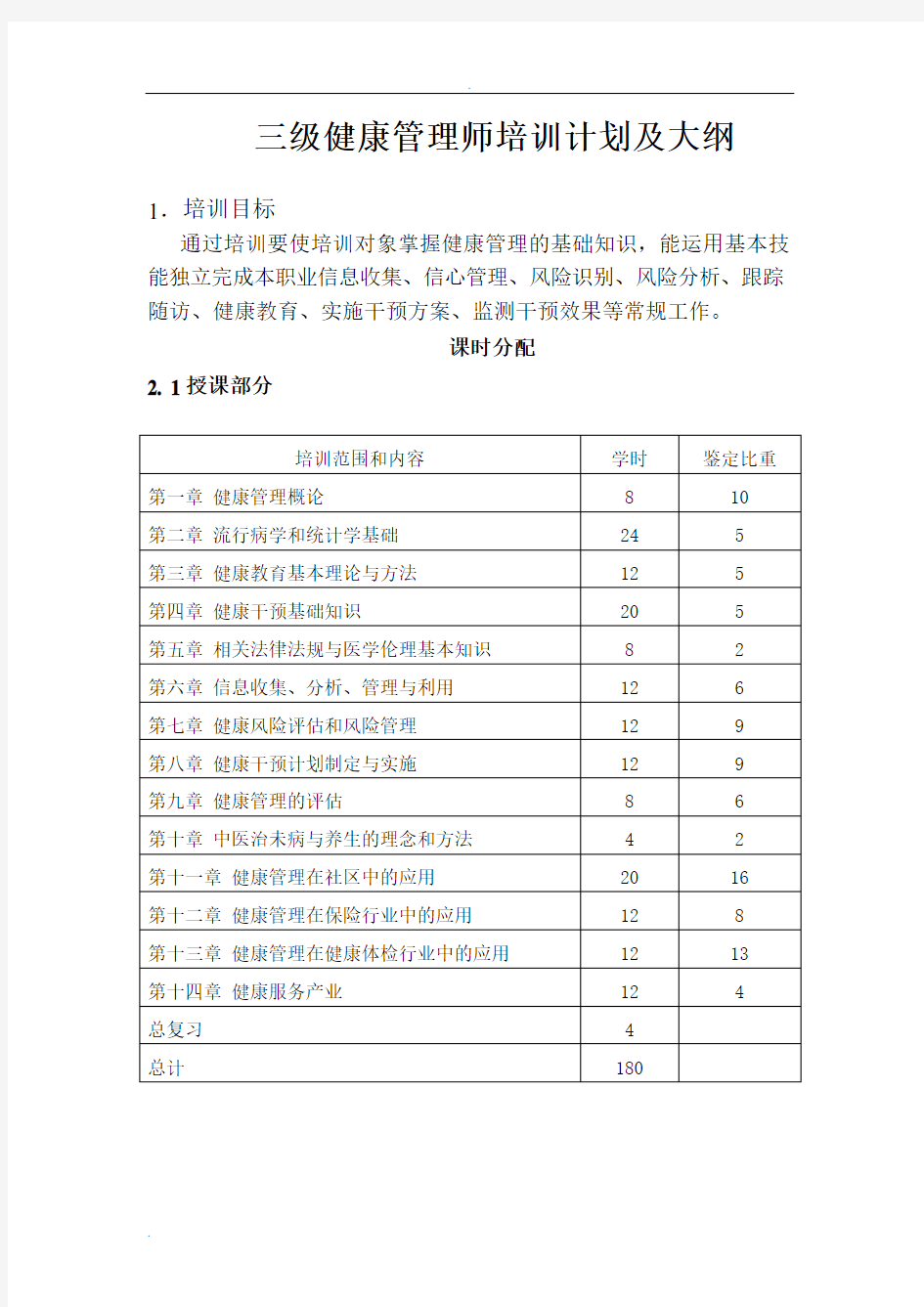 三级健康管理师教学大纲