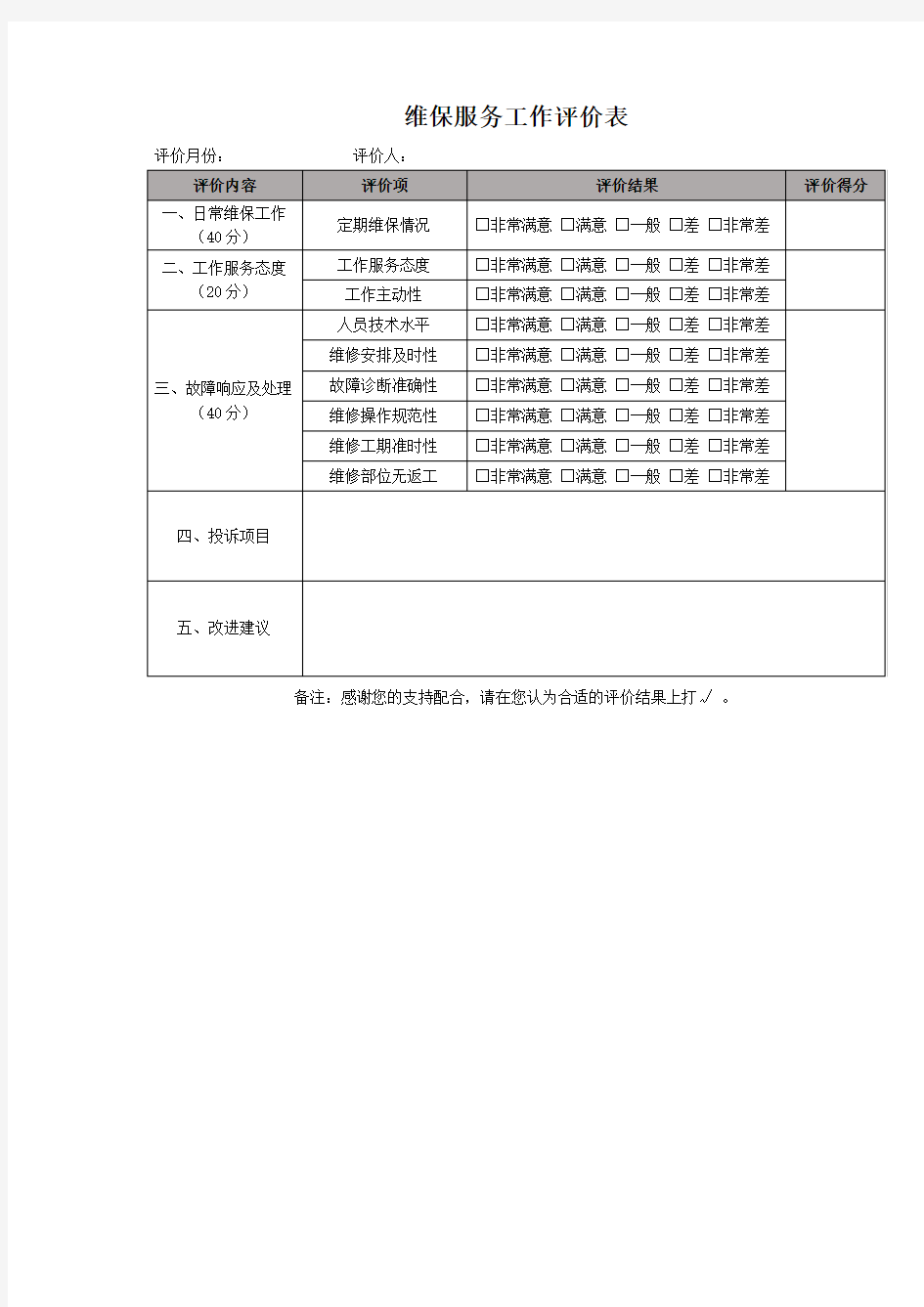 弱电工程维保项目及保养记录考核表