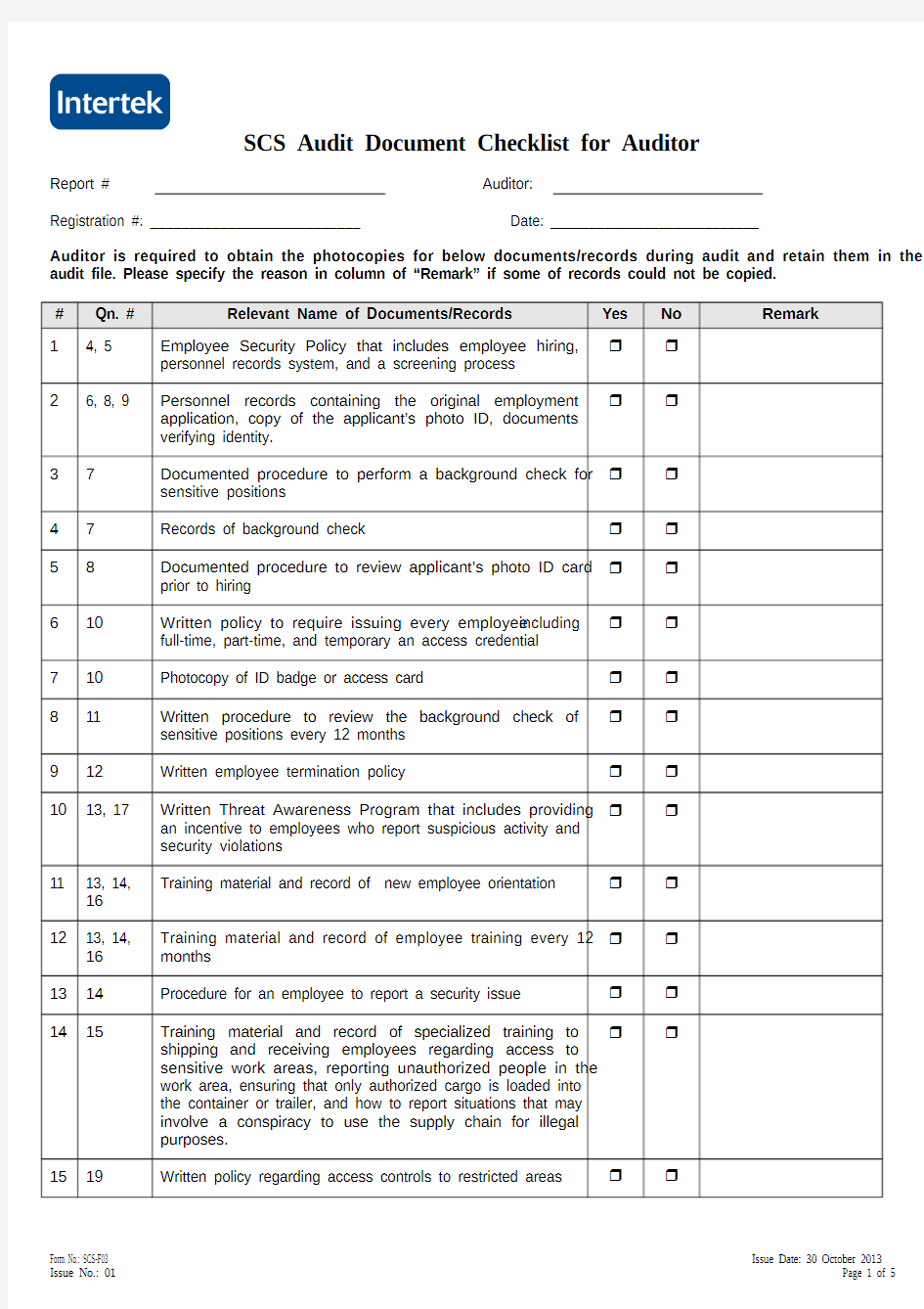 SCS-F03 Auditor Document Checklist
