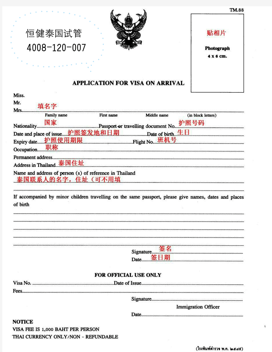 2015年最新泰国落地签的申请表格