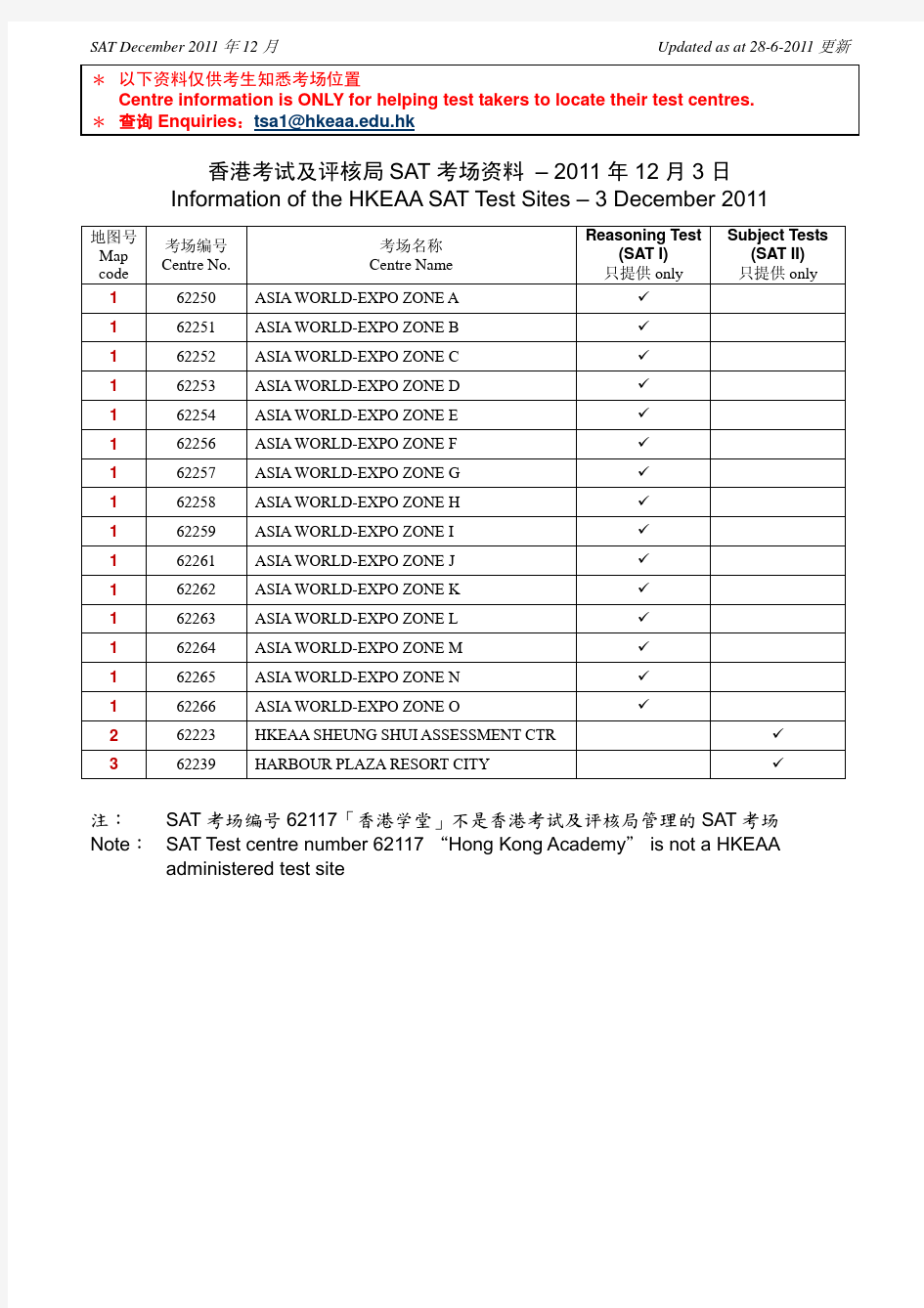 香港2011年12月SAT考场资料