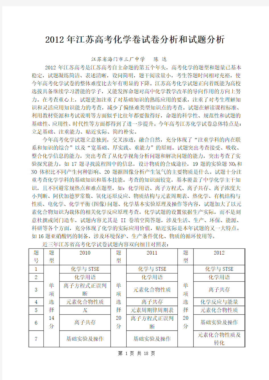 2012年江苏高考化学卷试卷分析和试题分析