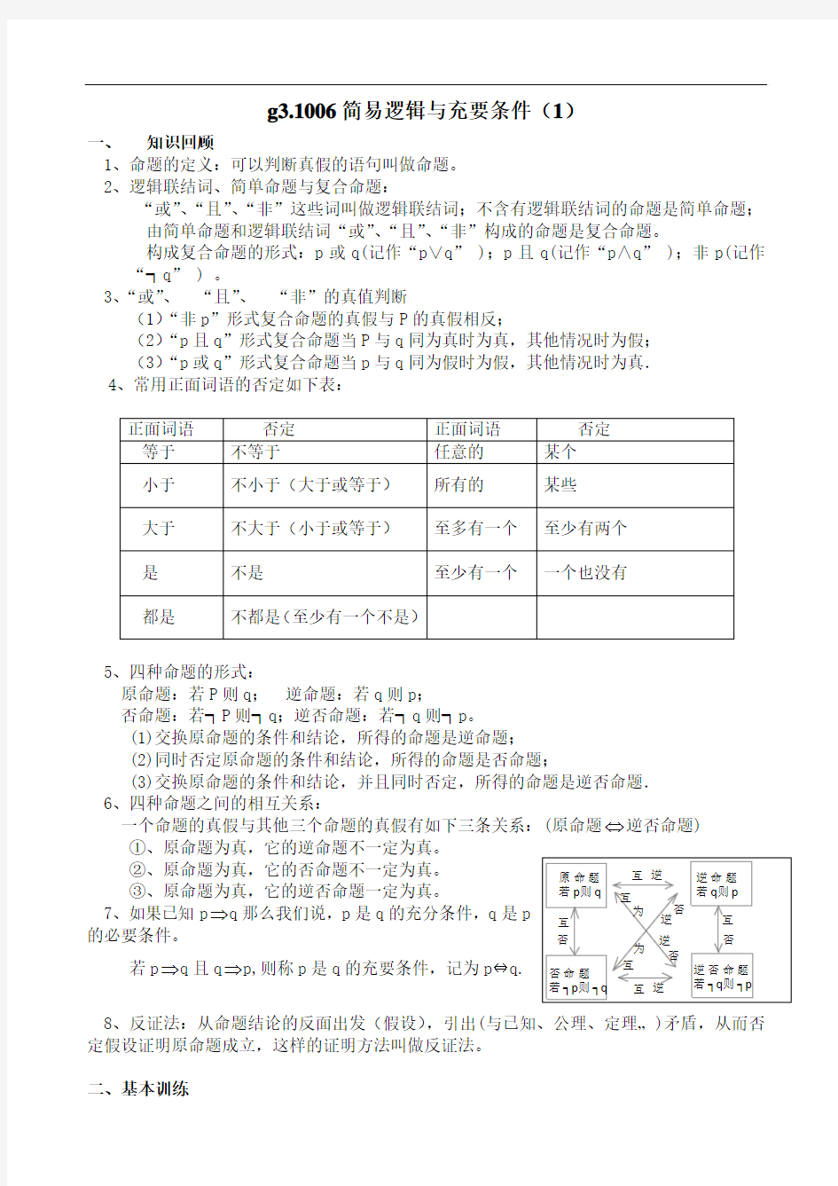 高考数学第一轮总复习100讲(含同步练习) g3.1006简易逻辑与充要条件(1)_432