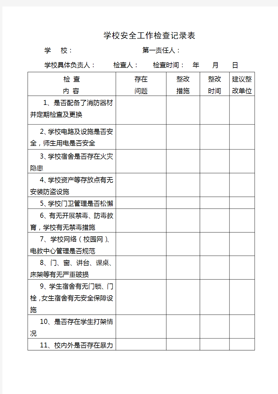 学校安全工作检查记录表