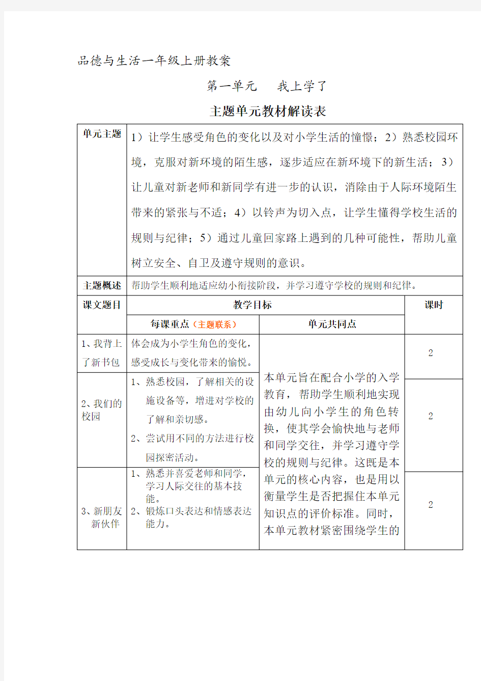 品德与生活一年级上册教案