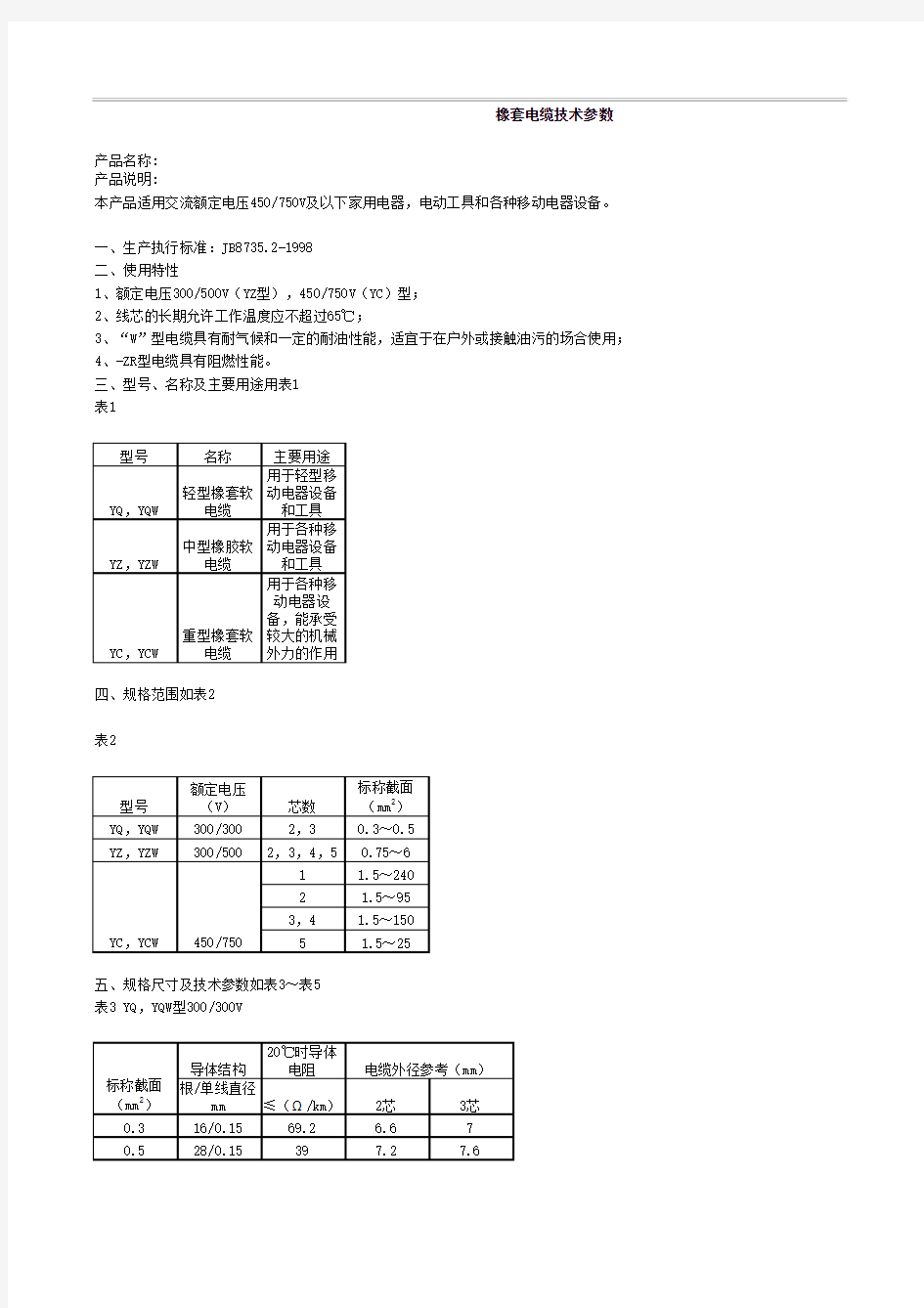 电缆参数表(全)