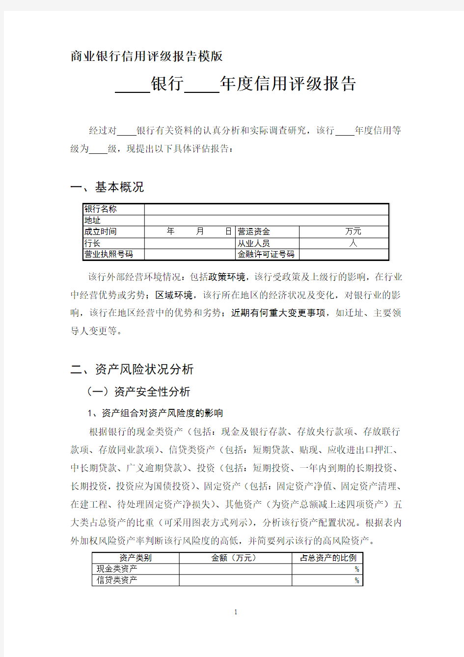 商业银行信用评级报告模版