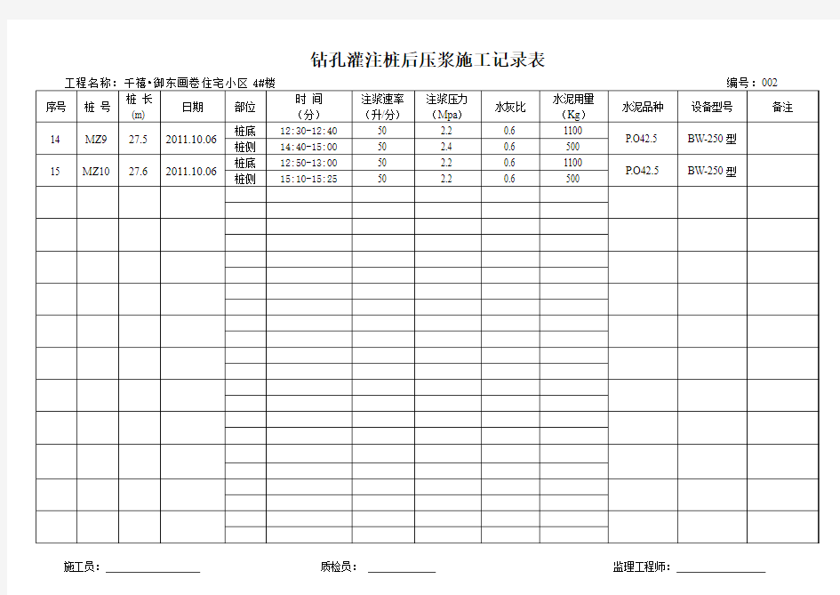 钻孔灌注桩后压浆施工记录表