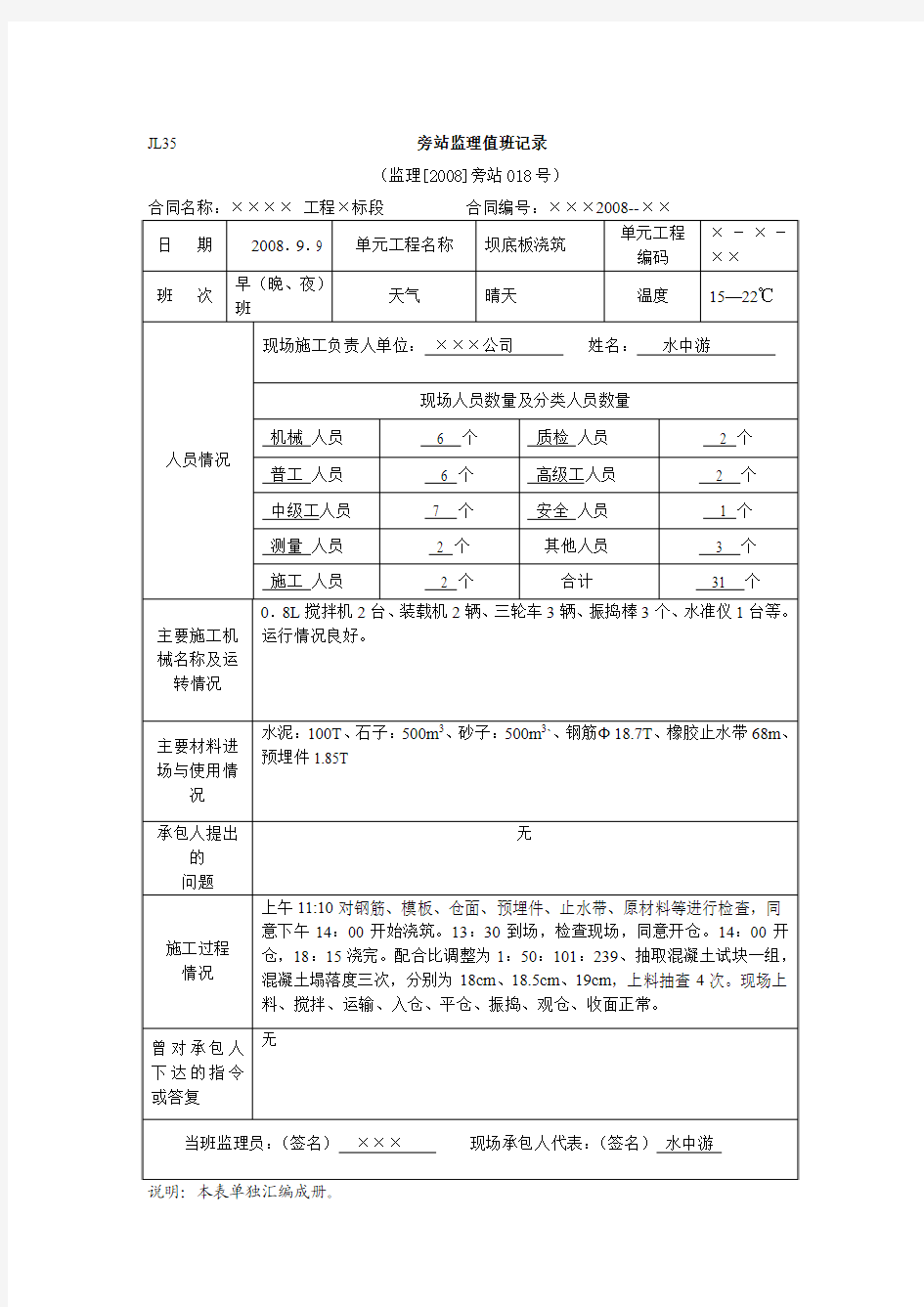 监理日记、日记、巡视、旁站记录