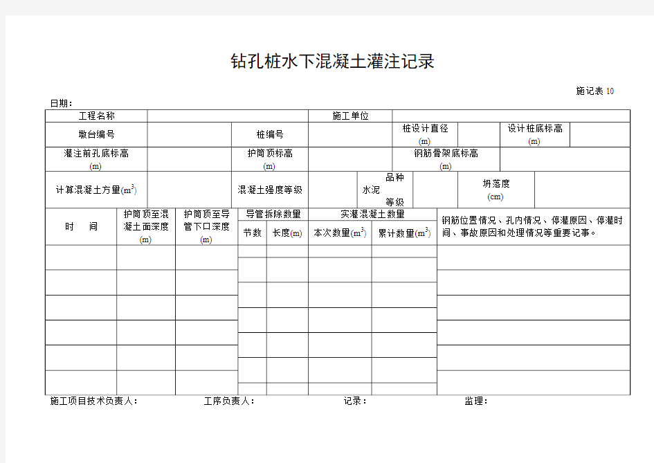 施记表10-钻孔桩水下混凝土灌注记录