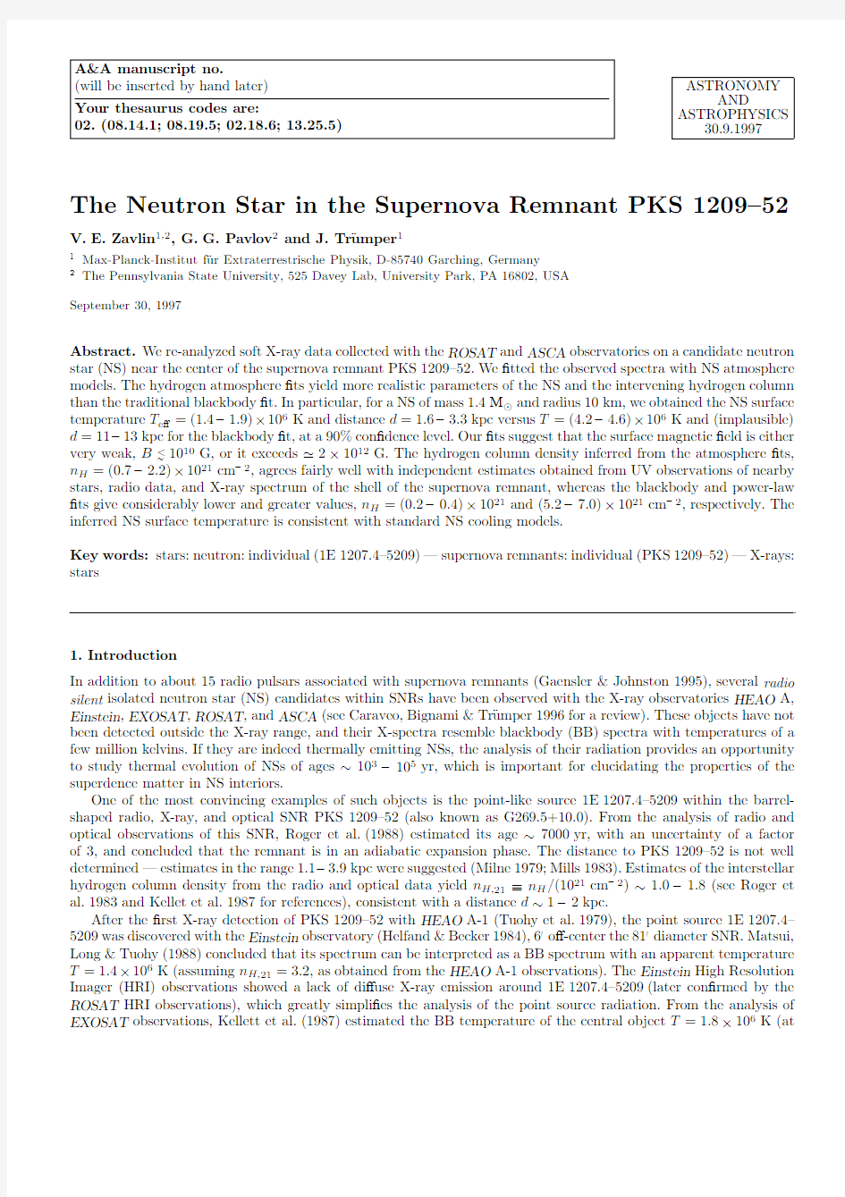 The neutron star in the supernova remnant PKS 1209–52. Astron. Astrophys