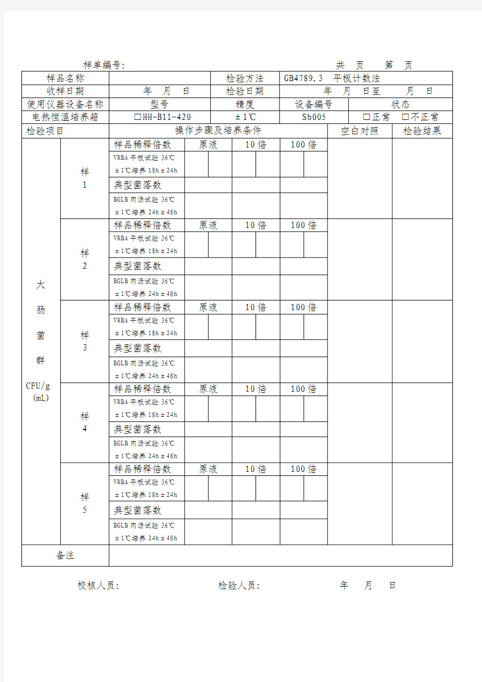 大肠菌群平板计数法原始记录