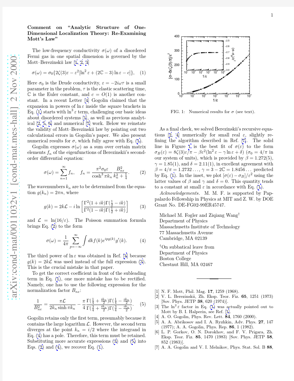 Comment on ``Analytic Structure of One-Dimensional Localization Theory Re-Examining Mott's