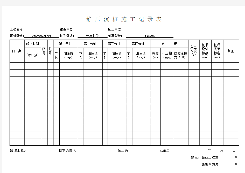 静压沉桩施工记录表