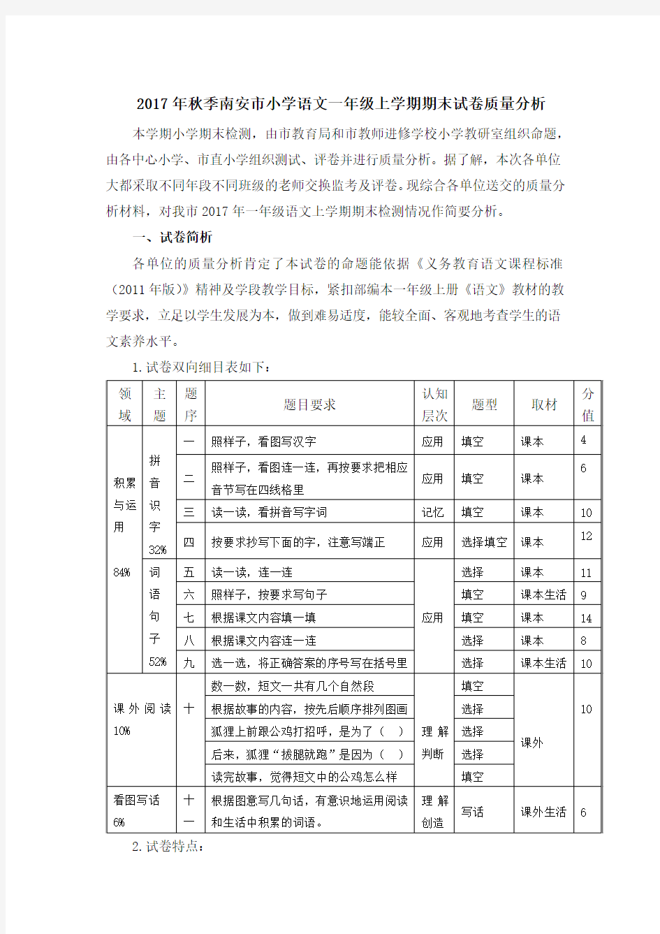 2017年秋季南安小学语文一年级上学期期末试卷质量分析