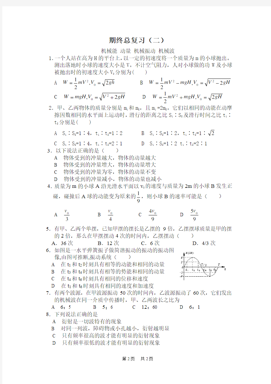 高中物理高考复习同步试题及答案 高二(上)复习 期终总复习(二)