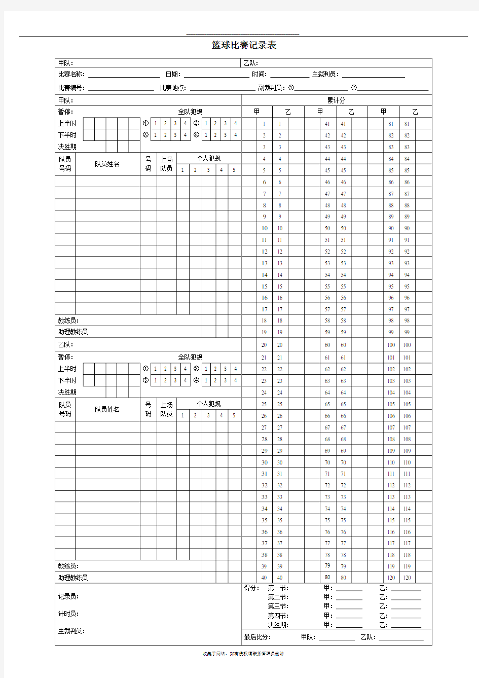 最新篮球比赛记录表 定稿