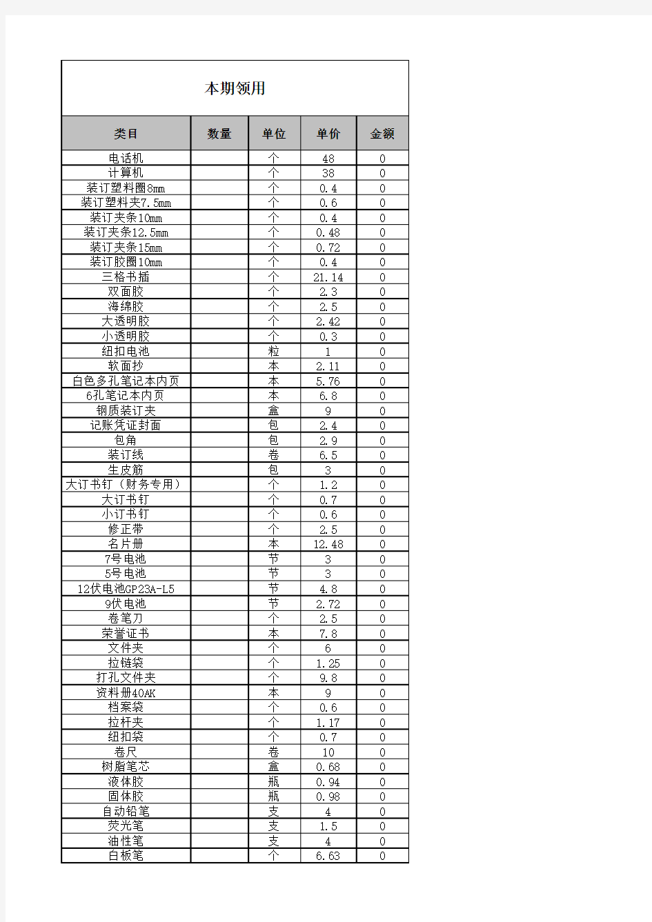 最全的公司办公用品清单价格表
