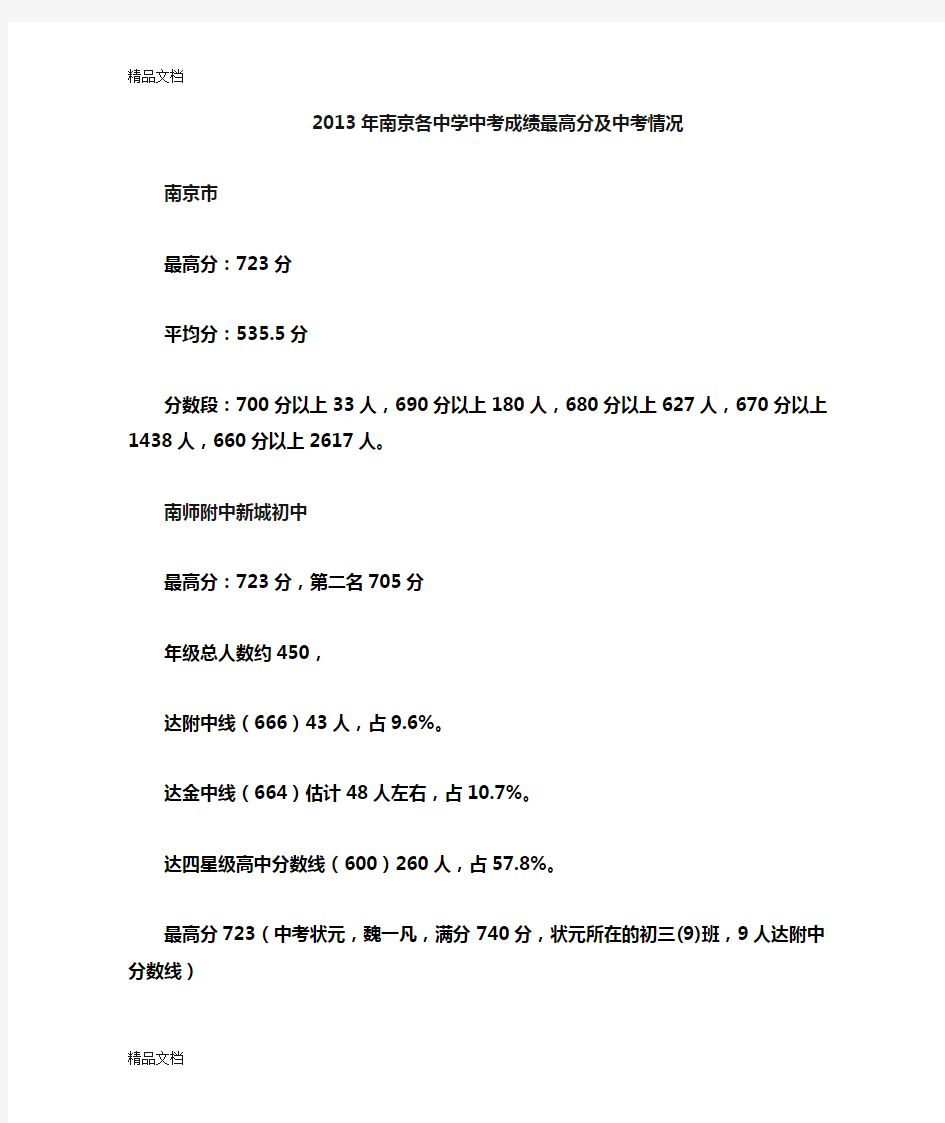 最新南京各中学中考成绩最高分及中考情况