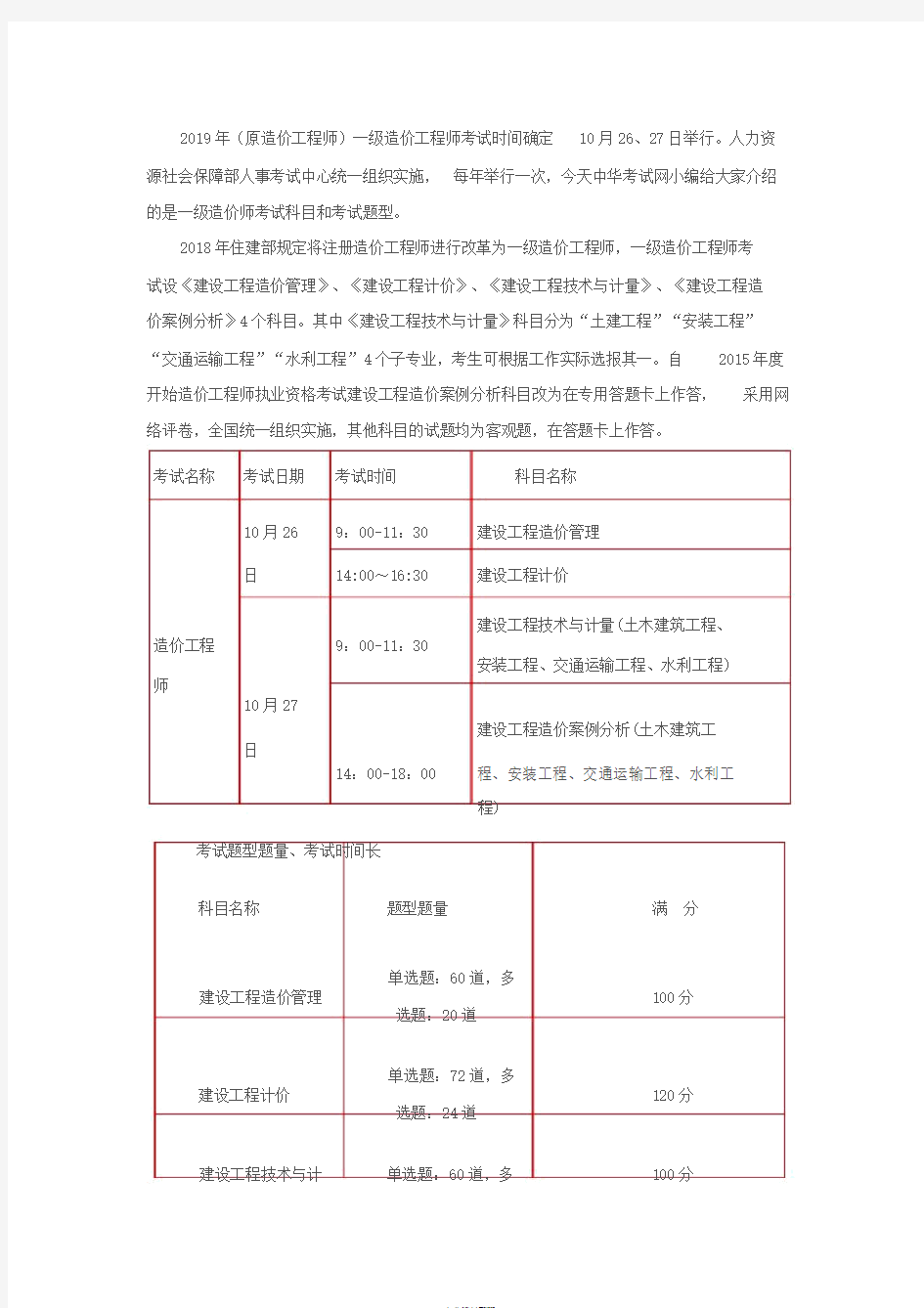 2019年一级造价工程师考试科目与题型