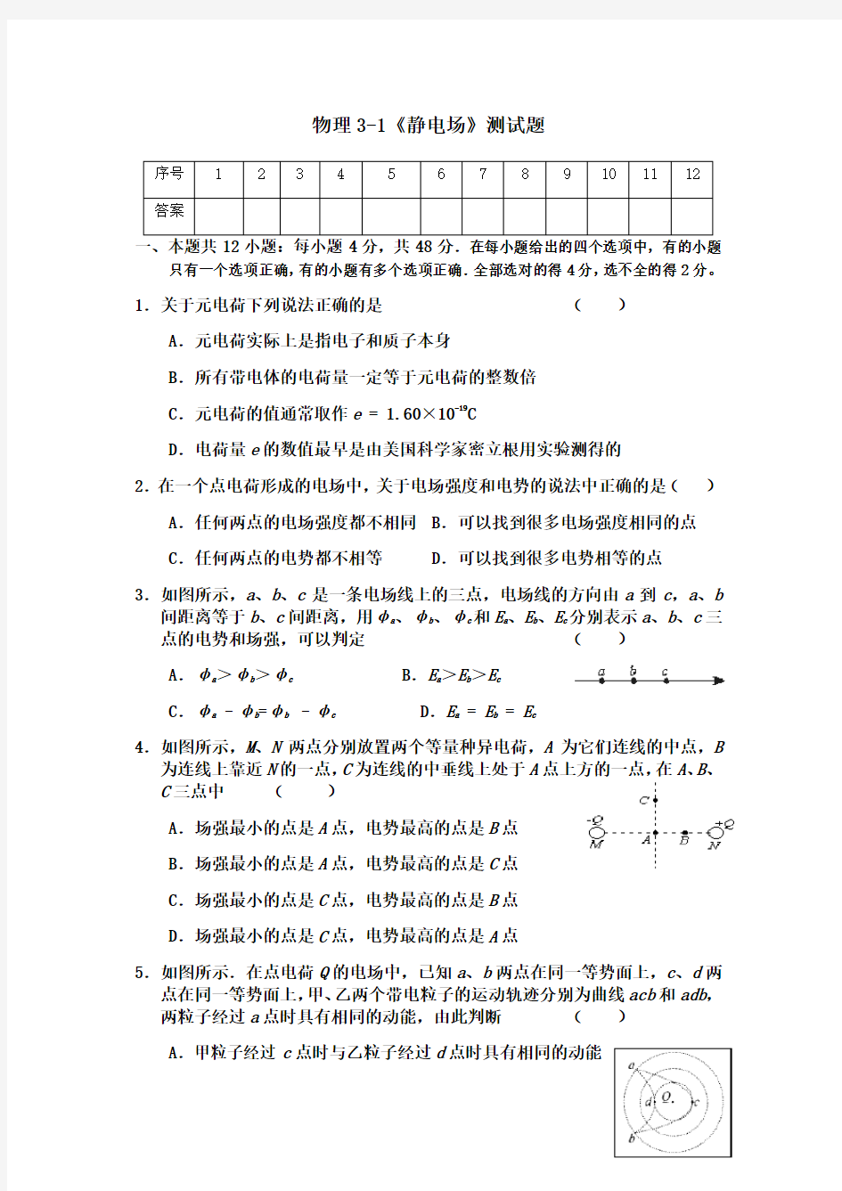 人教版高二物理选修3-1第一章《静电场》测试题(含答案)