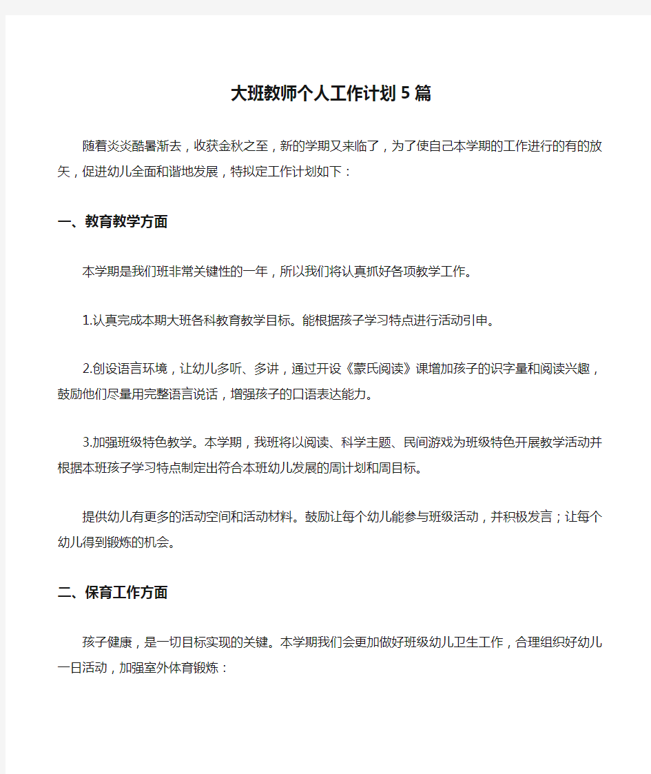 大班教师个人工作计划5篇