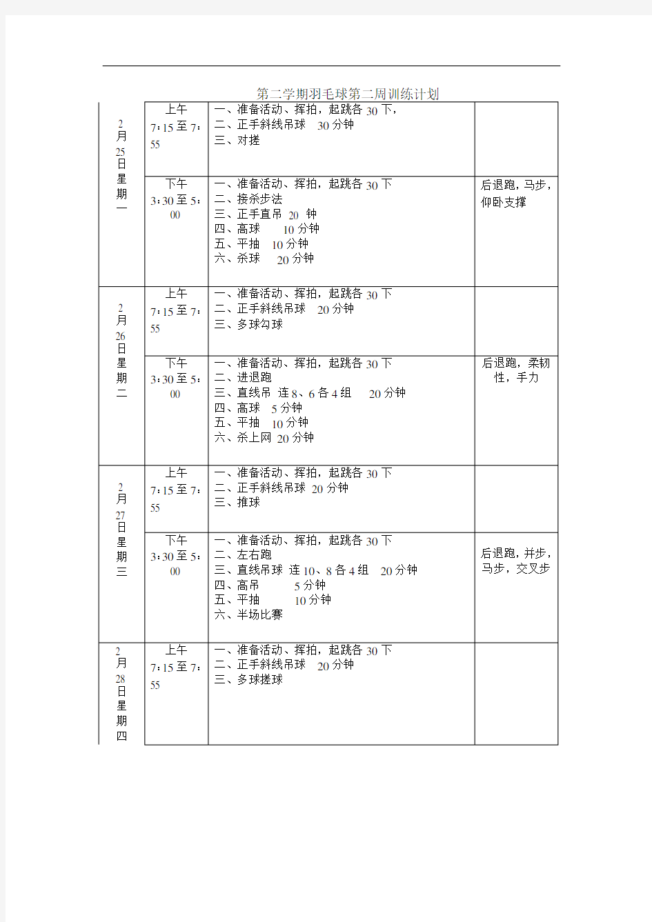 羽毛球周训练计划