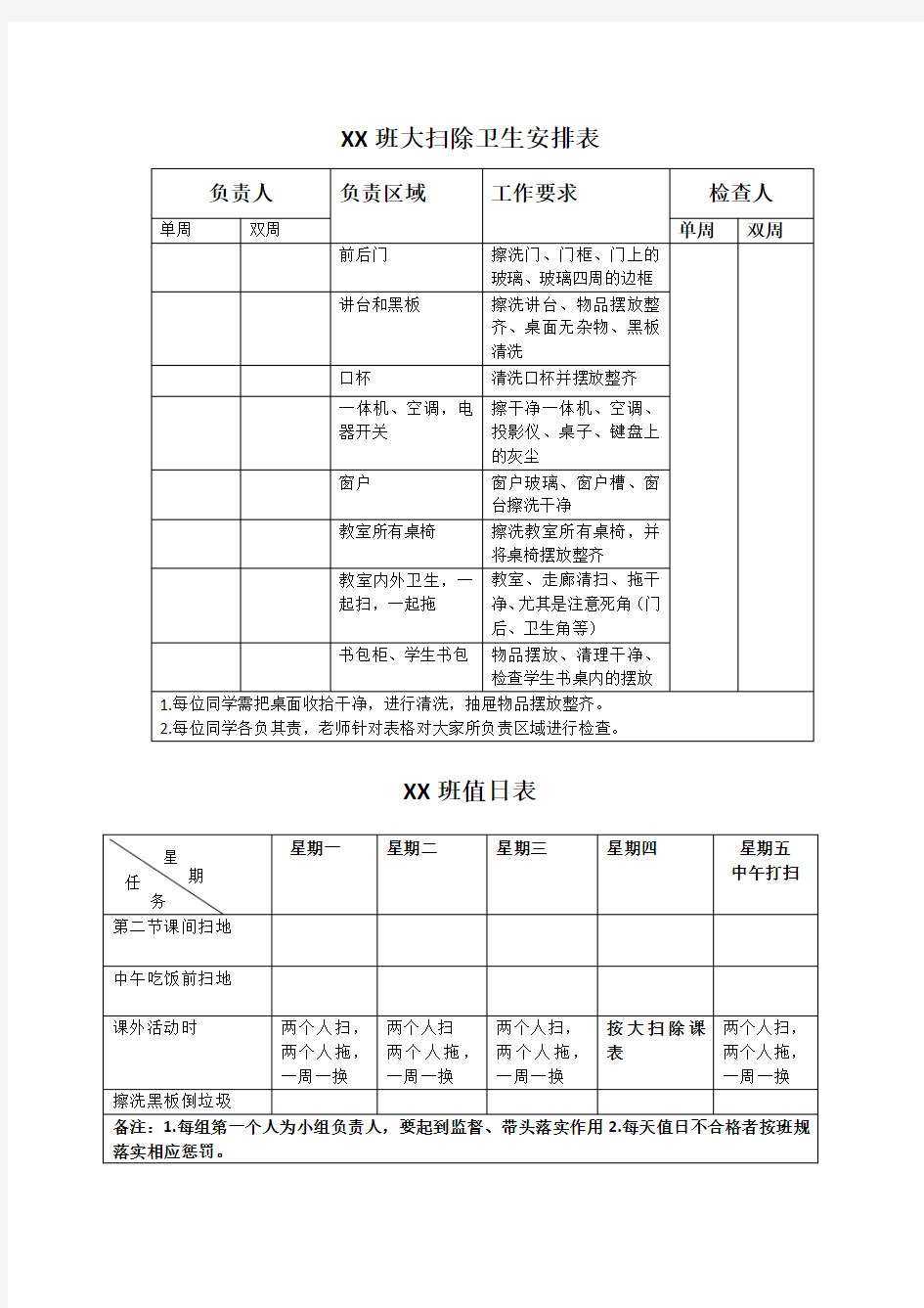 (完整版)班级劳动值日表及卫生安排表模板