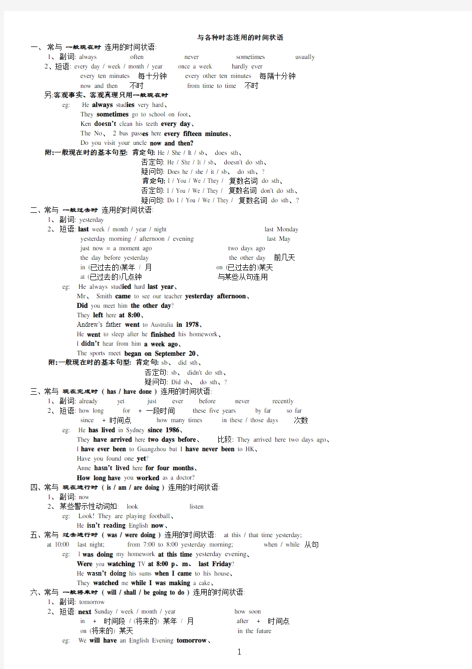 与各种时态连用的时间状语