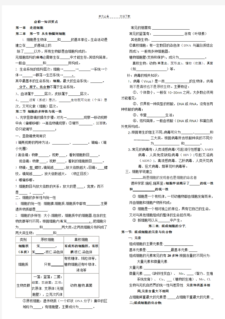 高一生物必修一填空题及答案汇总