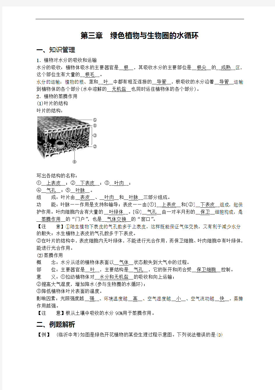 人教版七上生物《绿色植物与生物圈的水循环》知识点归纳及习题