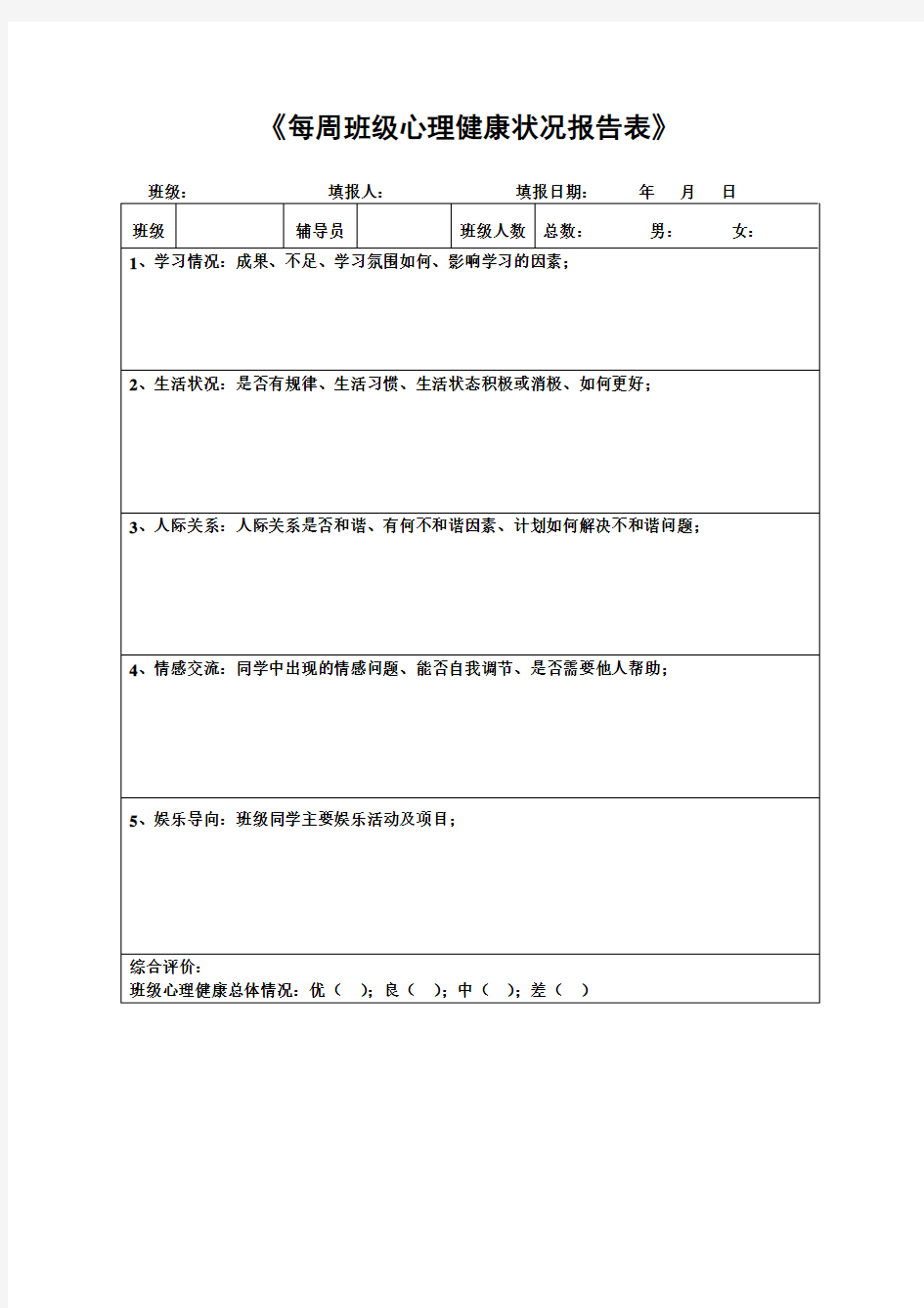 《每周班级心理健康状况报告表》