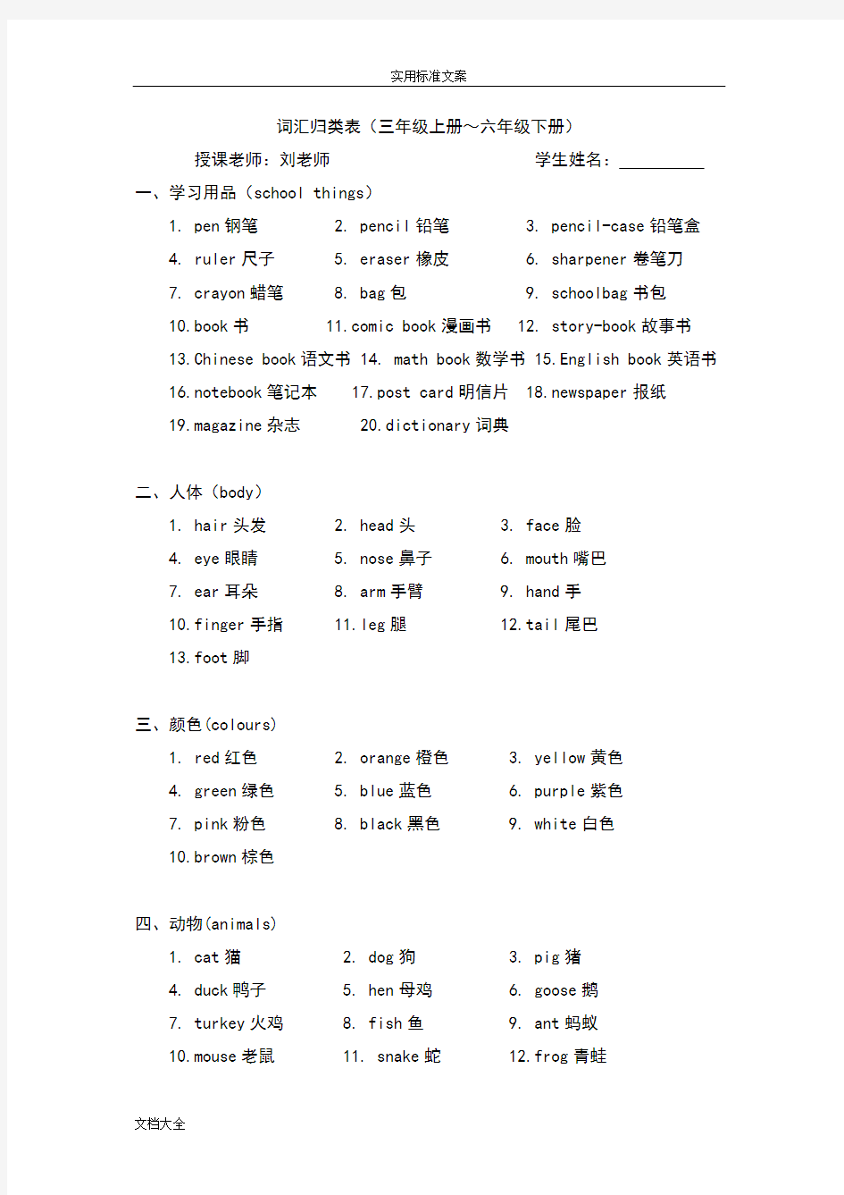 小学英语单词全总结材料