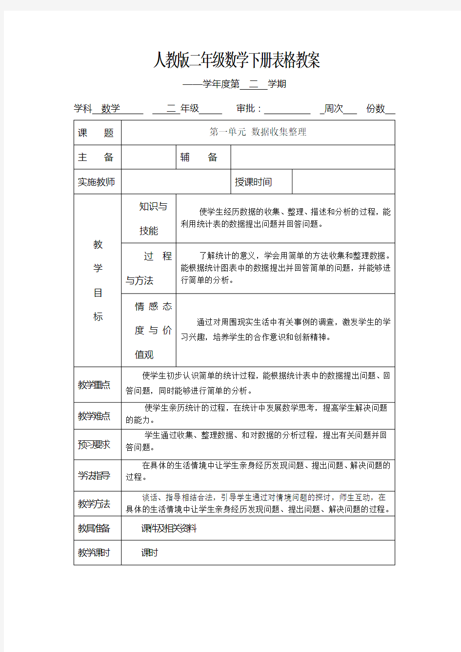 (完整版)人教版二年级数学下册表格教案