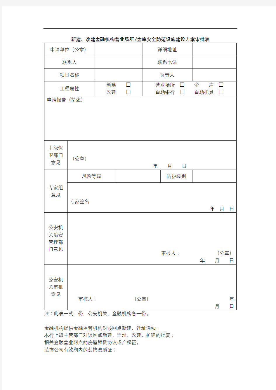 新建、改建金融机构营业场所金库安全防范设施建设方案审批表【模板】