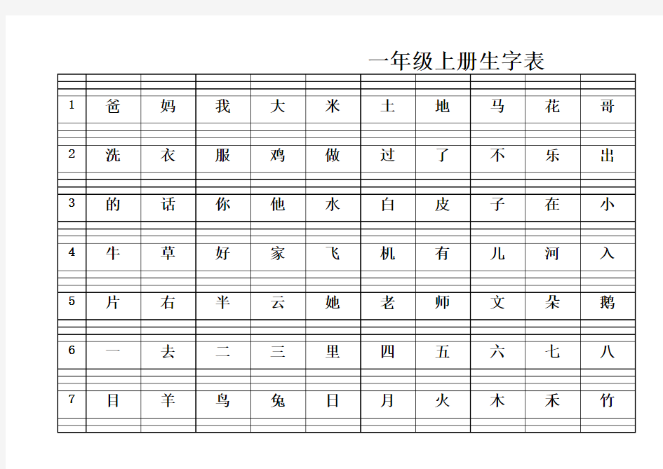 一年级上册生字表一(加拼音格)