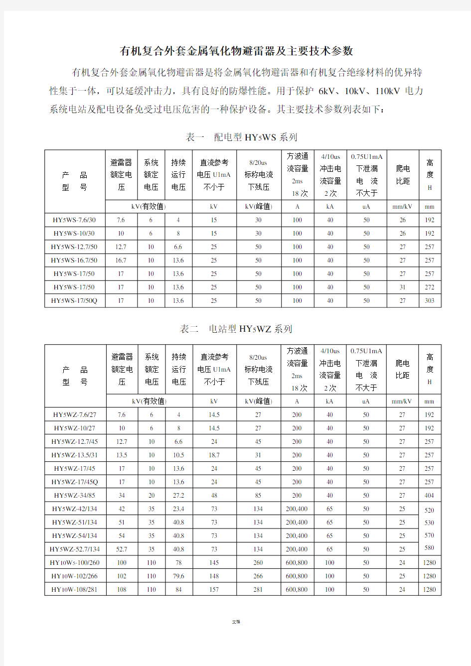 避雷器参数表