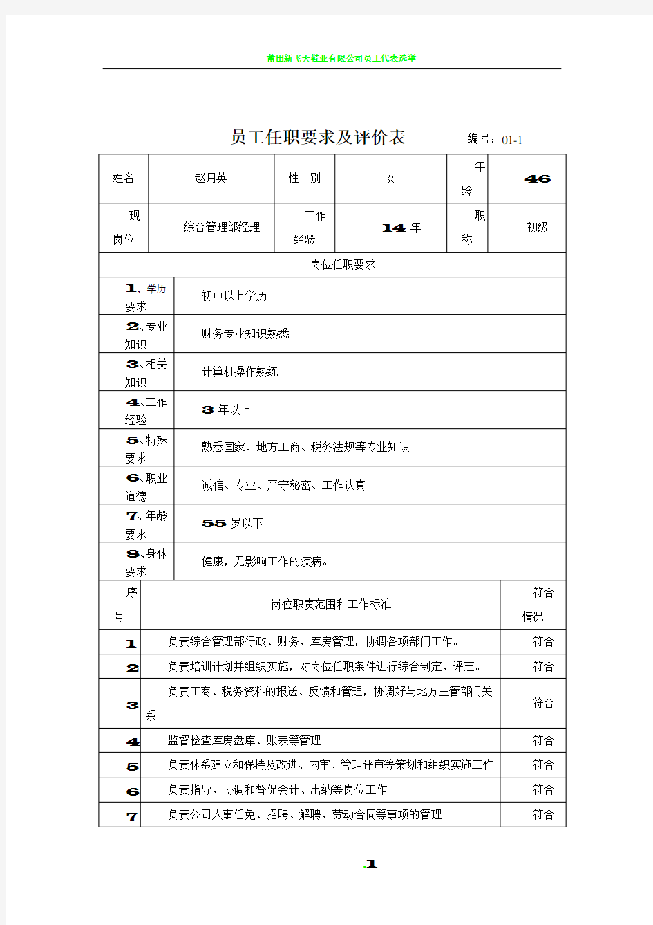 员工任职要求及评价表