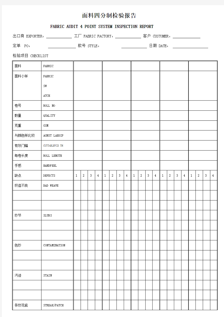 面料四分制检验报告