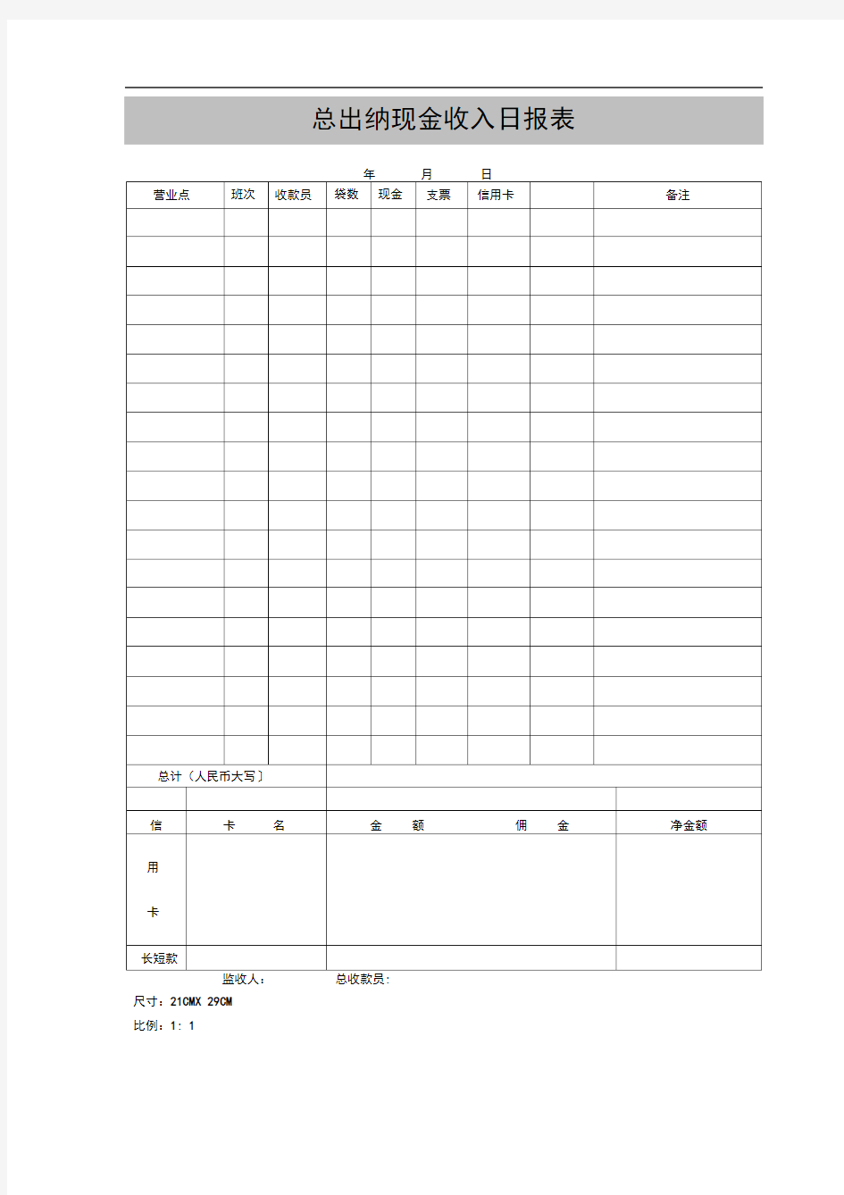 总出纳现金收入日报表