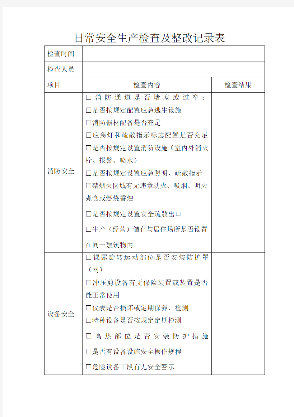 公司企业日常安全生产检查记录表